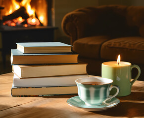 Cozy hygge still life with books, candle and cup of tea on wooden table