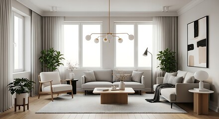 Modern minimalist living room interior with contemporary furniture, abundant natural light, and green plants