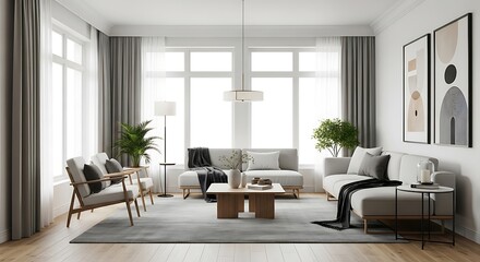 Spacious contemporary living room interior with minimalist furniture and neutral decor