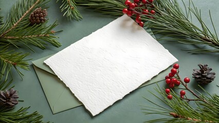 Blank white card with torn edges resting on a green envelope surrounded by a festive christmas wreath of pine branches pinecones and red berries