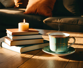 Cozy hygge still life with books, candle and cup of tea on wooden table