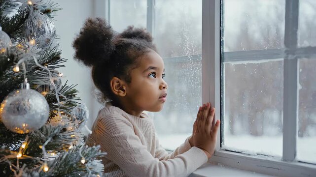 Turbo young girl sitting quietly by a window, gazing outside with a thoughtful expression, cozy Christmas atmosphere, soft natural window light, decorated Christmas tree with glowing fairy light