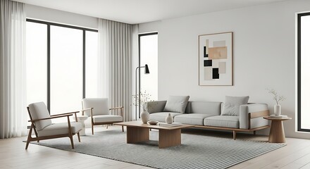 Fototapeta premium Bright and airy modern living room interior with minimalist Scandinavian style furniture