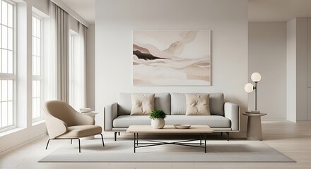 Elegant and serene contemporary living room with minimalist decor and natural light