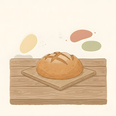 Freshly baked bread on a wooden board with colorful background shapes