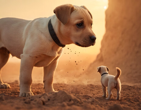 Puppy looking at the dog shattering into dust against the sutset background, digital art style, illustration painting