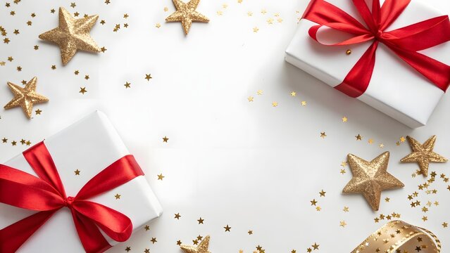 Festive white gift boxes tied with vibrant red satin ribbons surrounded by sparkling golden star ornaments and confetti on a clean white background - Powered by Adobe