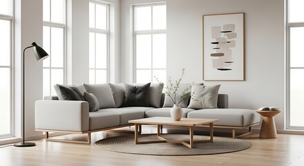 Bright Living Room Interior with Sectional Sofa and Modern Art