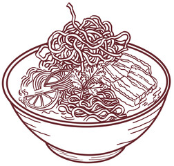 Thai Food Khao Soi Curry Noodle Soup with Crispy Pork and Lime Line Art Illustration