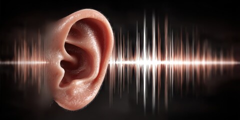 Close up of a human ear with abstract glowing sound waves emanating Audio