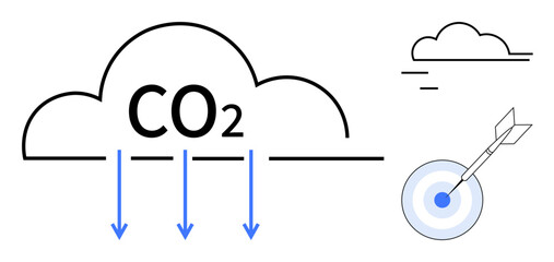 CO2 cloud with arrows pointing downward toward a bullseye target. Ideal for sustainability, climate action, environmental awareness, renewable energy, carbon goals, ecological impact, simple flat