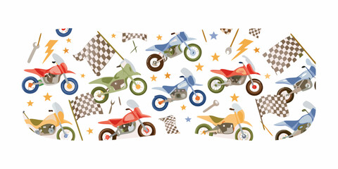 Fun cartoon motocross motorcycles and racing flags pattern with stars and tools
