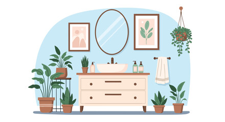 Fototapeta premium Illustration of a modern bathroom with plants and a vanity.