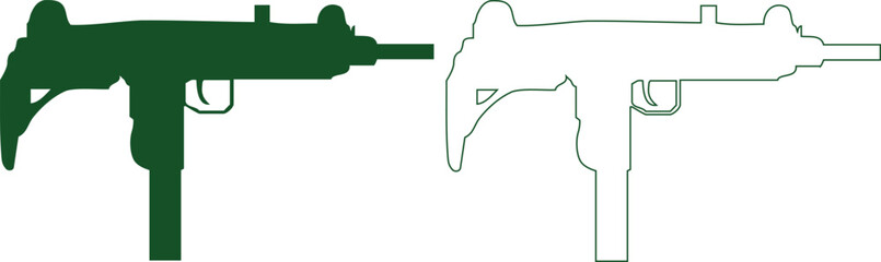 Hand made Vector illustration of a submachine gun in silhouette and outline By Adobe illustrator