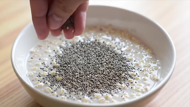 Close up of a hand adding healthy chia seeds into a white bowl filled with creamy milk and nutritious oatmeal for a delicious and wholesome breakfast meal prepare