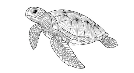 Intricate black and white line drawing of a sea turtle with detailed patterns on its shell and flippers.