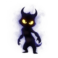 Dark Cartoon Creature with Yellow Eyes and Horns Surrounded by Smoke on a White Background