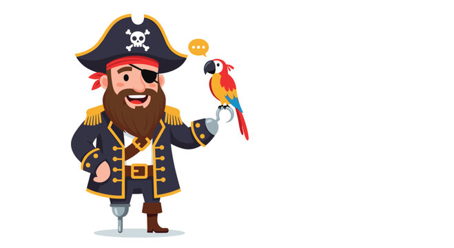 Friendly cartoon pirate with a parrot on his hook hand and a speech bubble.