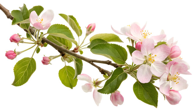 Apple blossom branch flower with green leaves cut out on PNG, isolated on white background. AI GENERATED.