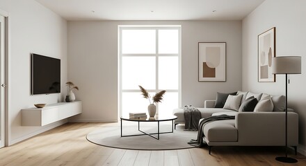 Contemporary Living Room Interior Design with Sleek Furniture, Bright Natural Light, and Minimalist Aesthetic