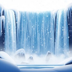 Icy Blue Waterfall Cascading Down Rocks in Snowy Winter Wonderland Scene