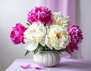 Fototapeta premium Bouquet of vibrant pink and white flowers in a white vase