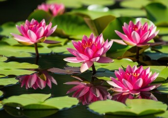 Vibrant pink water lilies bloom on a tranquil pond with reflections