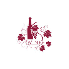 Elegant wine bottle emblem with grapes and leaf decorations in red