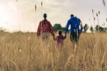 Blurred family of three holding hands, walking together through a golden wheat field towards the...