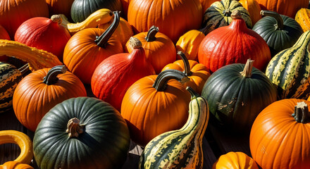 A vibrant assortment of colorful pumpkins and gourds for autumn.