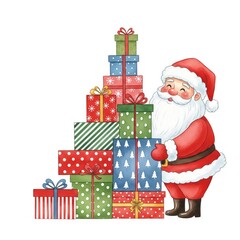Santa Claus with Colorful Stacked Christmas Gifts on White Background