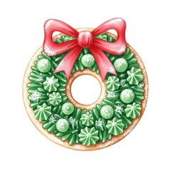 Christmas Wreath Illustration with Red Bow on White Background Decor