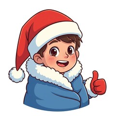 Happy Cartoon Boy in Santa Hat and Blue Coat with Thumbs Up on White Background