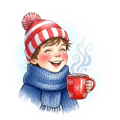 Happy Young Boy in Winter Hat and Scarf Holds Red Mug with Steam on White