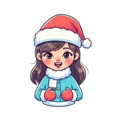 Cartoon Girl with Brown Hair in Blue Coat with Red Santa Hat and Mittens