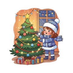 Happy Girl Decorating Christmas Tree with Colorful Ornaments and String Lights in Cozy Room
