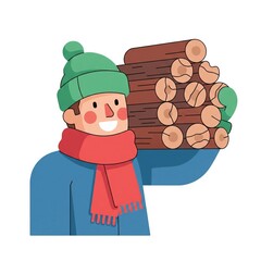 Smiling Man with Red Scarf and Blue Coat Carrying Stack of Logs Illustration