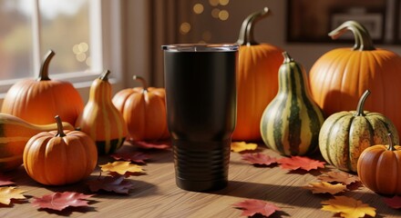 Black Tumbler Surrounded by Pumpkins and Autumn Leaves in Warm Light