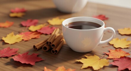 Warm White Mug of Black Coffee with Cinnamon Sticks and Colorful Leaves