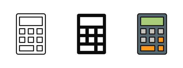 Calculator icon set illustrated in stroke, fill, and color styles, isolated on a white background. Perfect for finance apps, education tools, accounting dashboards, and business analytics visuals.