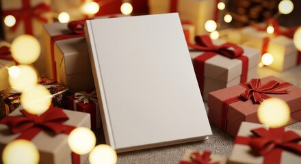 Blank Book Cover Surrounded by Christmas Presents and Warm Festive Lights