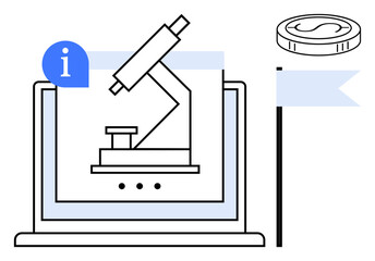 Microscope displayed on a laptop screen with a coin and flag nearby. Ideal for science, technology, research funding, online education, innovation, data analysis, discovery. Simple flat metaphor