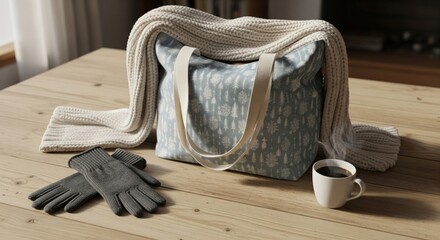 Stylish Blue Patterned Bag With White Scarf and Gloves on Wooden Table