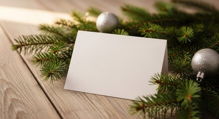 Blank White Card with Silver Baubles on Fir Tree Branches and Wooden Surface