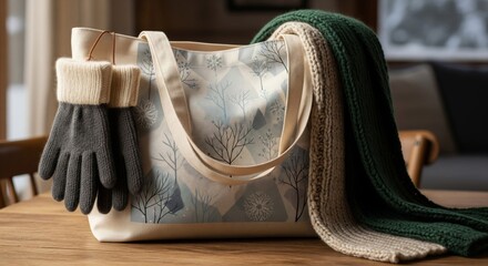 Still Life of Tote Bag with Green Scarf and Gloves on Wooden Table Indoors