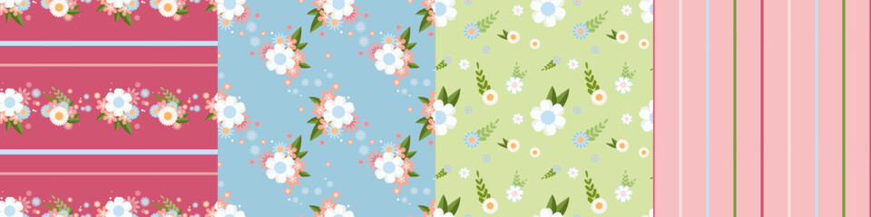 Set of seamless complementary patterns with delicate flowers, leaves, and stripes on bright pastel backgrounds — pink, light green, and blue. Perfect for textile, wrapping, and stationery design.