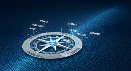 Digital Compass Graphic with Strategic Business Labels – Conceptual Visualization of Governance, Technology, and Operational Framework in Binary Code Setting