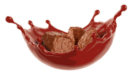  meat pieces splashing in ketchup sauce isolated on transparent background 