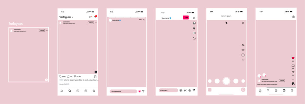 Instagram app interface layouts on pastel background showing feed, post, story, live, and reels screens
Instagram UI, Instagram UX, and Instagram mobile design mockup for social media concept