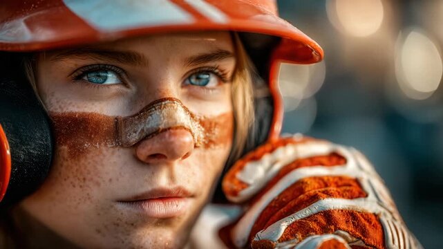 Confident young softball player stares intensely, ready for action, wearing helmet and protective gear, dynamic and determined, perfect for sports stories - Powered by Adobe